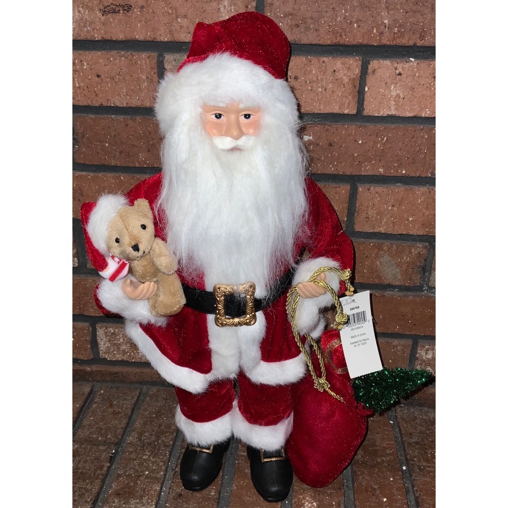 Macy's Traditional Santa Claus Figurine Red Velvet Suit Teddy Bear Toy Bag 18"